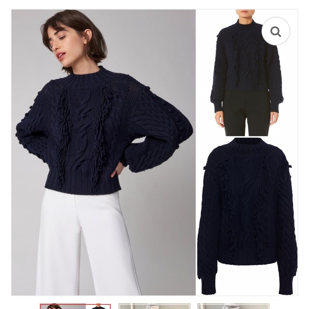 NWT Carolina Herrera Hand Cable Knit Wool Navy Blue Fringe Sweater Crewneck